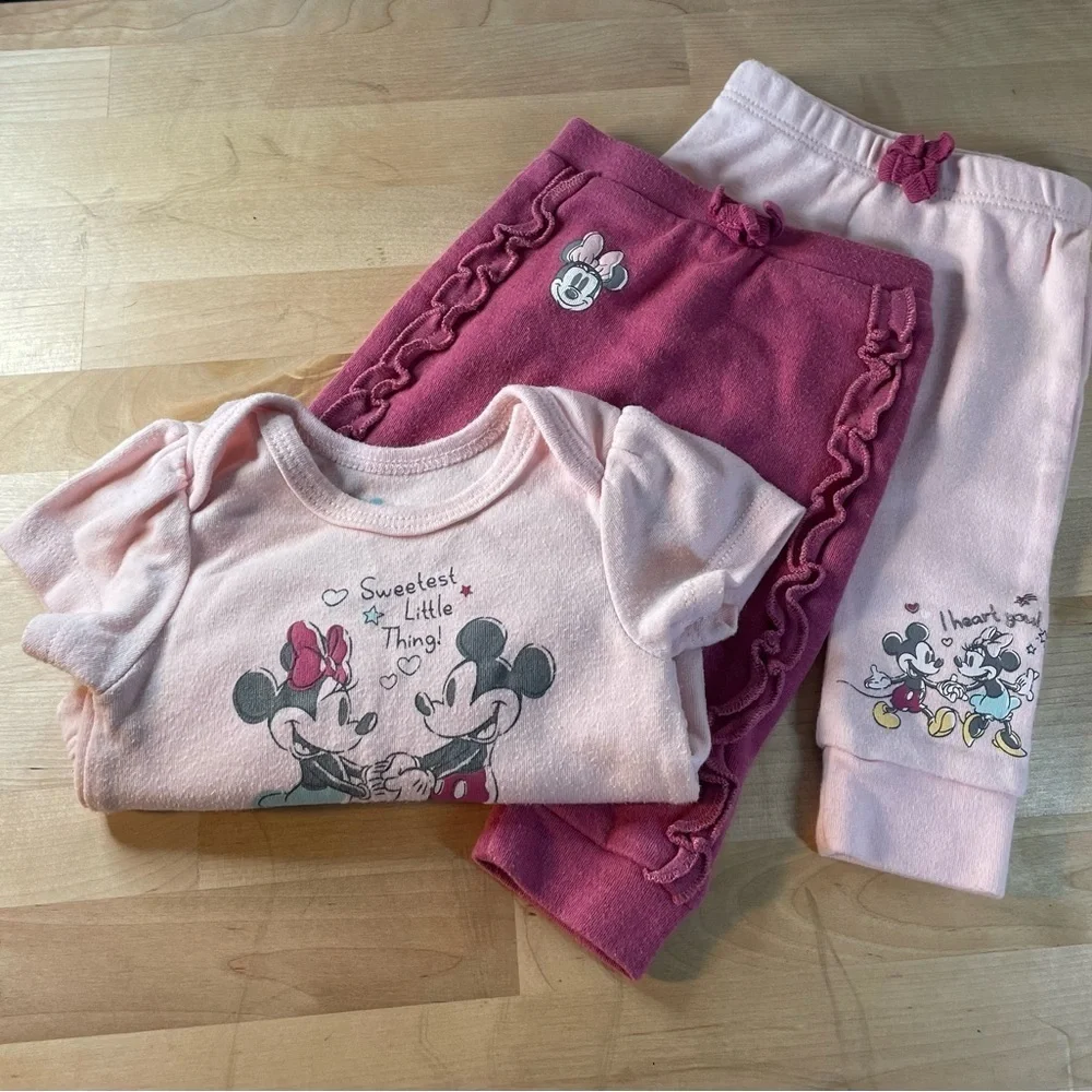 Disney Pink Baby Outfit with Mickey and Minnie - 1 onesie, 2 matching bottoms
